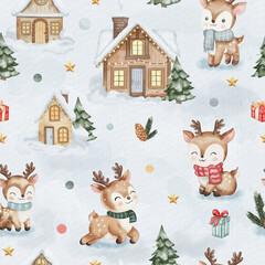 Seamless watercolor pattern with cute reindeer, snow-covered trees, and cozy wooden houses glowing with warm light. Winter holiday design in charming children style.