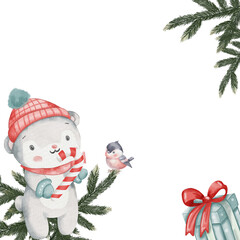 Watercolor Christmas card template with fir branches, gift with red bow, white bear in red hat, candy cane, and tit bird. Cute characters, childish style, space for text.