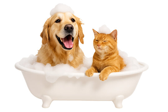Happy golden retriever dog and orange cat taking relaxing bubble bath together in white tub full of foam bubbles showing friendship and funny pet grooming moment