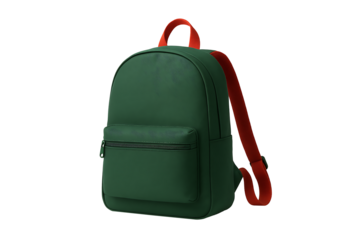 Stylish green backpack with red straps isolated on white background modern travel equipment school bag concept fashion accessory storage design convenience lifestyle object