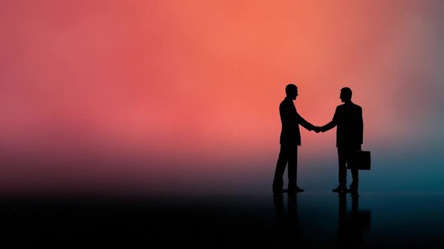 Two silhouetted businessmen shake hands at sunset, one carrying a briefcase, against a pink-to-blue gradient sky.