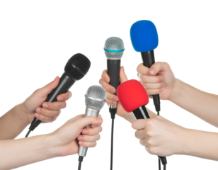 Multiple hands holding microphones ready for news interview or press conference coverage isolated on transparent background