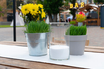 Cozy outdoor cafe table decoration featuring potted grass, yellow flowers, and a white candle in a glass holder with a bar sign blurred in the background