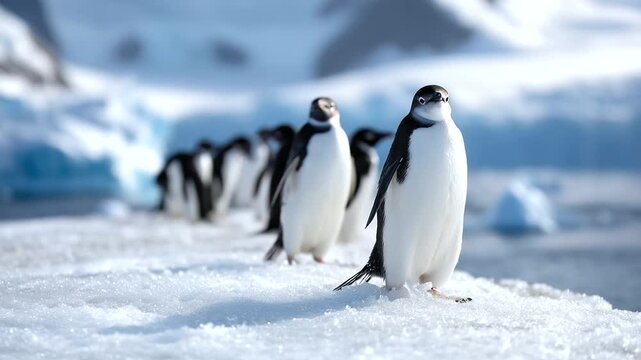 Gentoo penguins walking across the ice field under the bright Antarctic sky, surrounded by snow and crystal-blue glaciers.