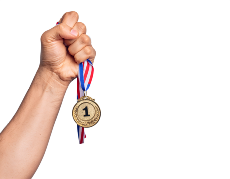 Champion hand holding gold first place medal celebrating victory and achievement in sports competition isolated on transparent background