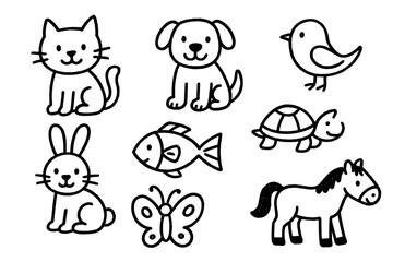 Obraz premium Set of Cute Hand Drawn Animal Icons Including Cat Dog Bird Turtle Rabbit Fish Butterfly and Horse on White Background Minimalist Style Simple Line Art for Childrens Book or Website