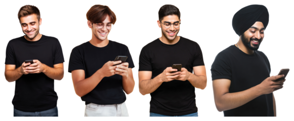 PNG Diverse men using smartphones, element set on transparent background