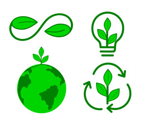 Eco-friendly future, green technologies, clean energy, and caring for the planet. The symbols reflect the balance between people and the Earth, eco-friendly thinking, and future innovation