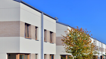 Harmony with nature, eco architecture. Terraced single family homes in newly developed housing estate. The real estate market in the suburbs with lush greenery surrounding. 