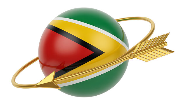 Globe-shaped representation of a nation's flag, adorned with a golden ring and arrow. - Powered by Adobe