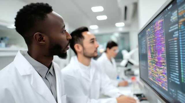 Male scientist pointing at digital DNA sequencing chart on large monitor, colleagues analyzing results. DNA sequencing chart