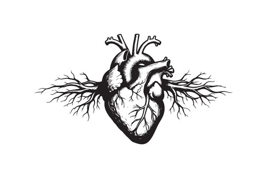 Anatomical Human Heart with Tree Roots Vector Illustration