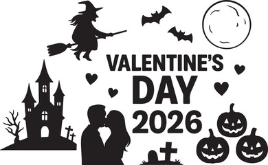 Halloween silhouette vector set, spooky composition perfect for seasonal merch, Haunted house, Witch on broomstick, Bats, Pumpkins, Graveyard. 