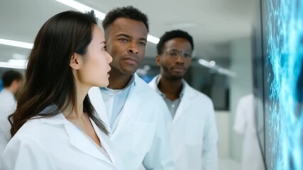 Team of researchers discussing molecular structure on large digital screen, collaboration in advanced - Powered by Adobe