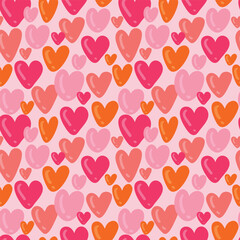Multicolored hearts on a pink background, seamless  pattern, flat vector illustration
