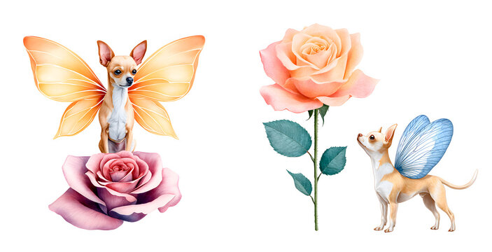 Fantasy clipart set of chihuahua dog with butterfly wings and blooming rose, creative pet and flower combination, isolated on white background