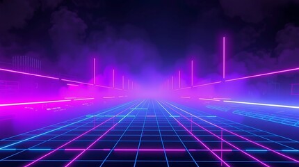 A dark futuristic cyberpunk background with a glowing neon grid floor extending into the distance