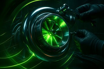 Mechanic Hands Repairing Turbocharger With Neon Green Energy Glow In Cyberpunk Workshop
