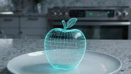 hovering holographic apple on dish, cyan wireframe apple projected over ceramic plate - Powered by Adobe