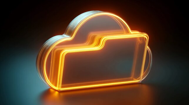 Abstract glowing neon cloud icon representing digital data storage and cloud computing technology with a modern, futuristic aesthetic perfect for tech presentations and online services.