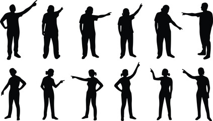 Obraz premium Silhouettes of 12 people pointing and standing in various poses, male and female figures for gesture, posture, and design reference