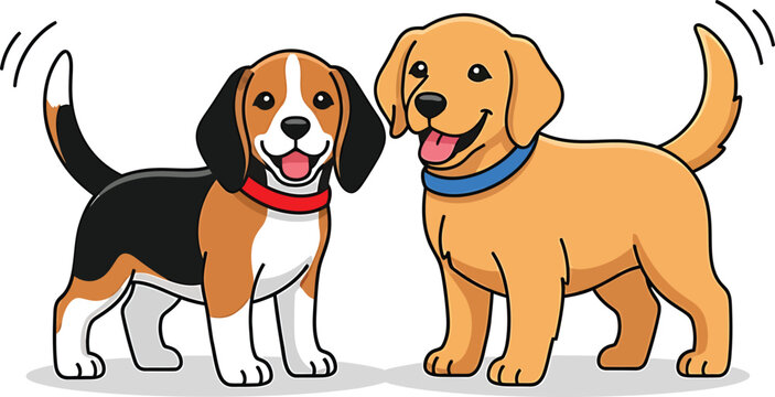 Cartoon Beagle and Golden Retriever Joyful Pups Friendly Companions Smiling Dogs Wagging Tails Playful Pets Graphic Design Vector Cute Canines Animal Friends Happiness Icon Mascot