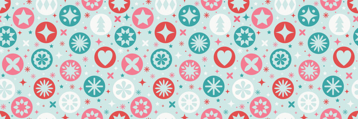 Colourful Christmas seamless texture in modern style. Abstract decorations with stars and snowflakes. Vector illustration