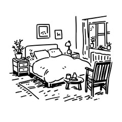 Bedroom interior line art sketch in minimalist style