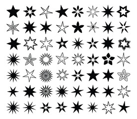 Extensive Assortment of Star Shapes and Floral Emblems in Black Silhouette and Outline vector illustration