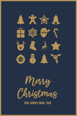 Christmas greeting card with decoration in retro style. Santa Claus, tree, reindeer, present and snowflake icons. Vector illustration