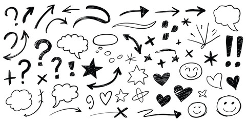 Naklejka premium Hand Drawn Doodle Elements Including Arrows, Question Marks, Stars, Hearts, and Faces vector illustration