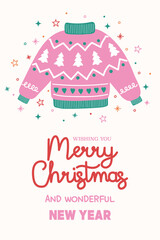 Christmas greeting card with cute hand drawn winter sweater. Vector illustration