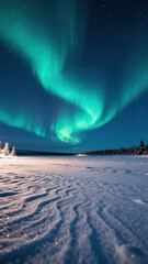 Bright green auroras swirl in the night sky above a snowy landscape. Trees stand in the foreground, while a frozen lake sparkles under the celestial display