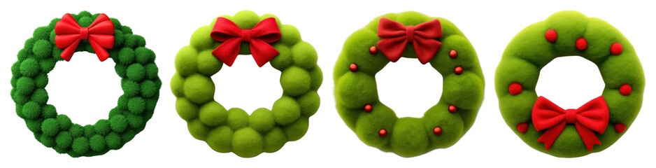Fototapeta premium PNG Festive green wreaths with bows, element set on transparent background