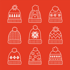 Set with cute cartoon winter hats. Christmas elements. Vector illustration