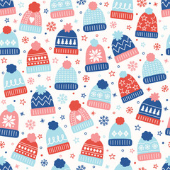 Colourful seamless pattern with cute hand drawn winter hats. Christmas background concept. Vector illustration