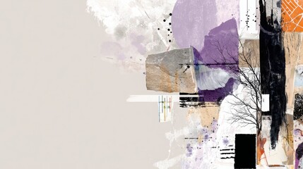 Abstract mixed-media collage with torn paper, paint strokes, ink splatters, rock and stark tree branch on clean background, layered textures suggesting decay and expression