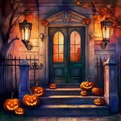 Obraz premium Beleuchteter Hauseingang mit Halloween Kürbis Dekoration auf der Treppe