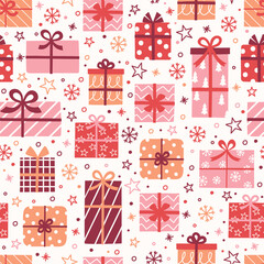 Colourful cartoon gift boxes background. Christmas seamless pattern. Banner. Vector illustration