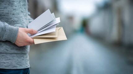 Close-up view of a person's hands carrying a pile of different envelopes and letters, symbolizing mail delivery, important information, bills, or personal correspondence
