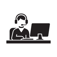 Flat Black Icon of Customer Support Agent at Computer Desk