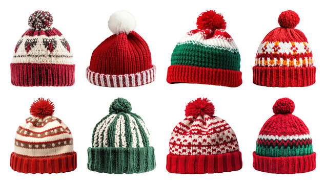 PNG Colorful knitted winter hats collection, element set on transparent background