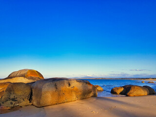 Giant granite boulders light up in the evening sun at the deserted beach of Waterhouse Conservation Area, Bridport, Northeast Tasmania, Australia. 
