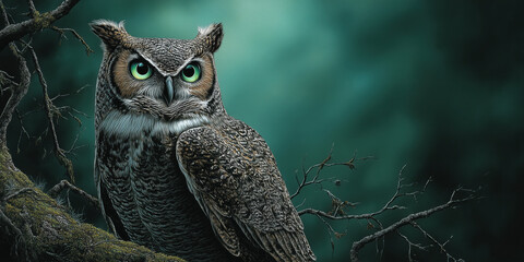 Owl Sitting on Tree Branch in Dark Forest, Halloween Background