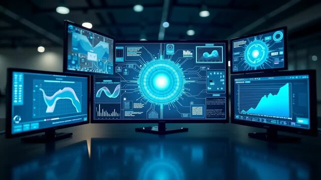 Multiple screens displaying various images symbolizing data monitoring and analysis, front view, bright lighting, tech color palet.
