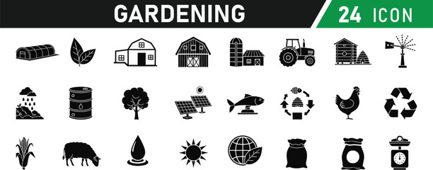 Gardening Agriculture icon set. Including Watering Can, Gardening Gloves, Shovel, Rake, Flower Pot, Seed Packet, Wheelbarrow, Pruning Shears, Hose, Leaf. Vector silhouette illustration