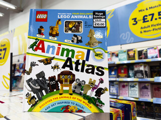Naklejka premium Animal Atlas by Lego: colorful children book of animal figures and Lego toys for learning