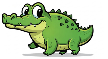 Cartoon alligator with a friendly smile and big eyes standing on a white background