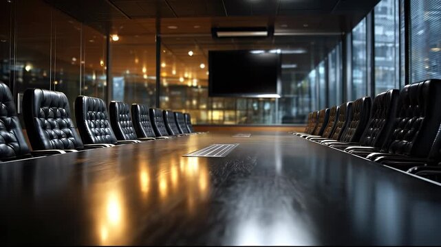 The sleek chairs line the long table, and the chairs reflect soft light along the table's surface. Glass walls frame the chairs and provide openness to the table setting.
