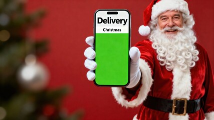 jovial Caucasian Santa Claus presents smartphone displaying Delivery and Christmas on red background, radiating joy and celebration, fitting for Christmas holiday spirit, festive delivery